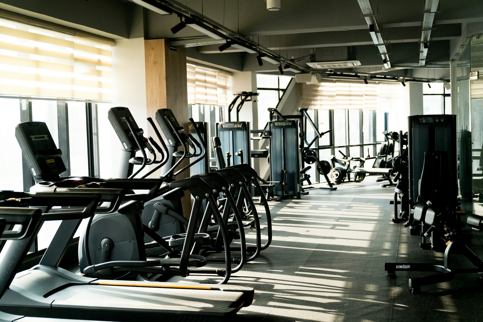 Cardio equipment beside full-height windows in a commercial gym