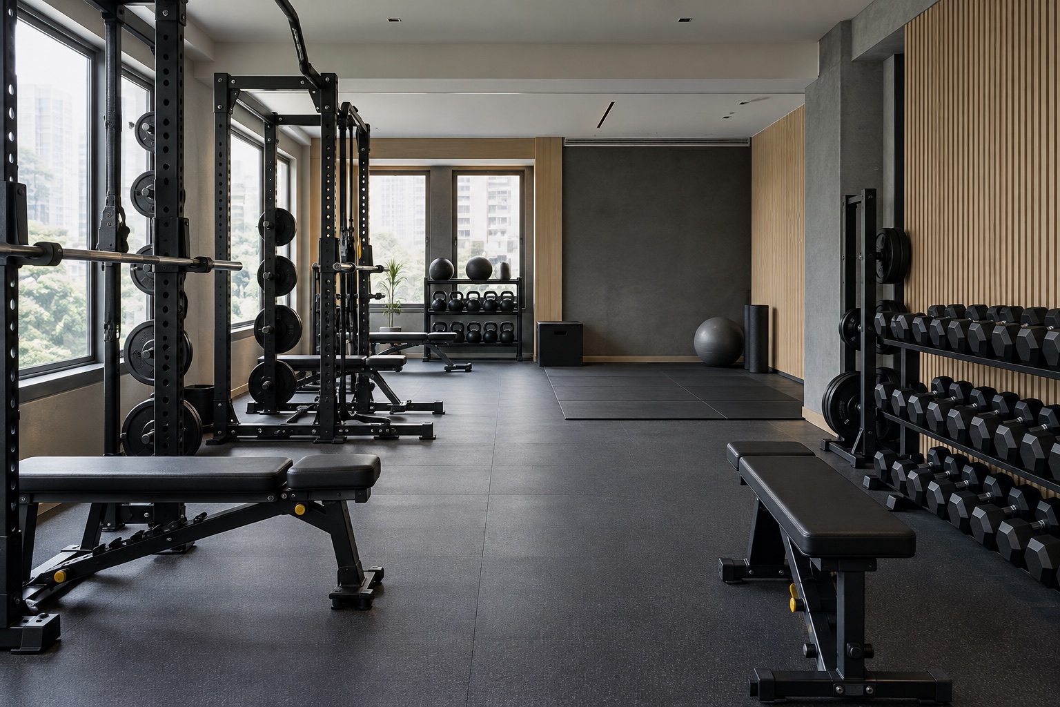 Training studio concept with racks, adjustable benches and a functional training area