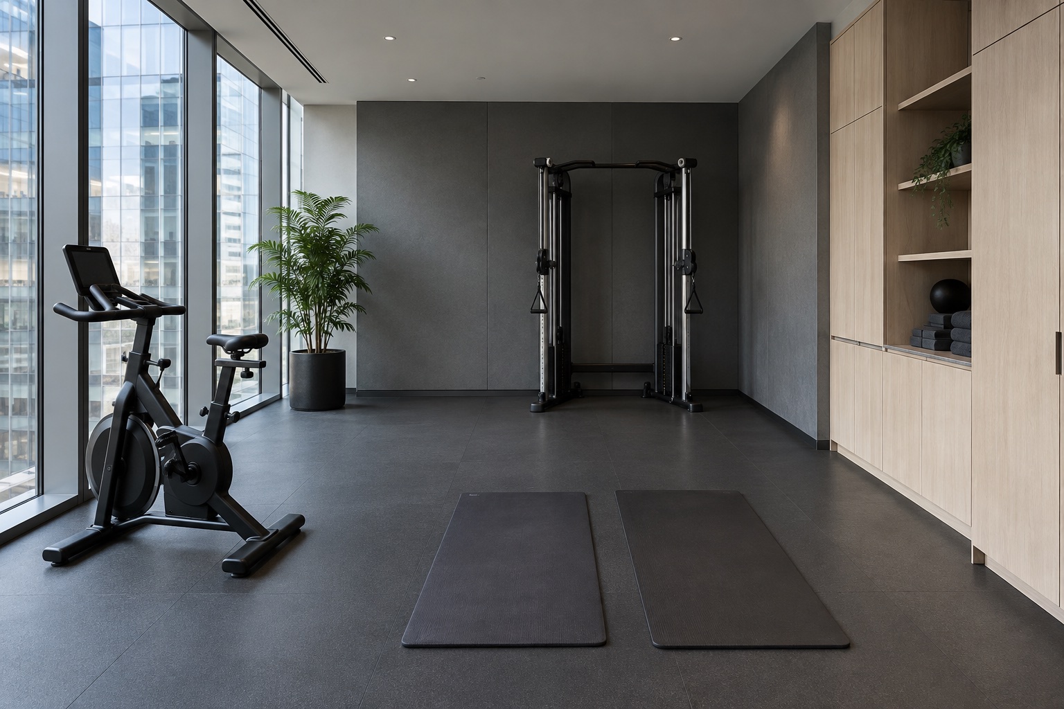 Workplace fitness concept with an exercise bike, cable trainer, stretching area and enclosed storage